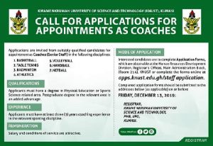 KNUST calls for application for appointment of seven coaches